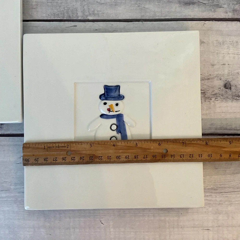 Crate‎ & Barrel Snowman Trivet Set 2 Ceramic 8in Square Italy Stefani Ceramica